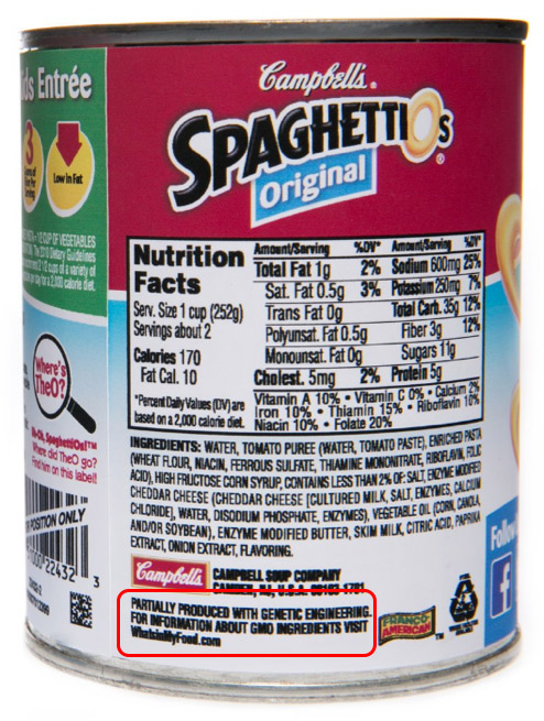 Campbell   s GMO label reads:    Partially produced with genetic engineering. For information about GMO ingredients visit WhatsinMyFood.com.    